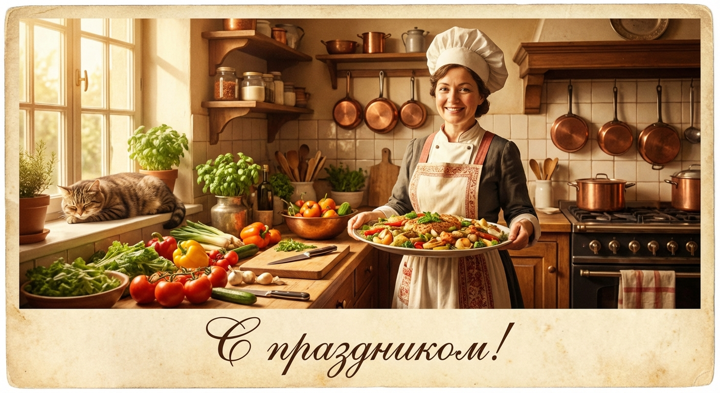 Создать открытку-картинку с поздравлением на Международный день повара с помощью нейросети