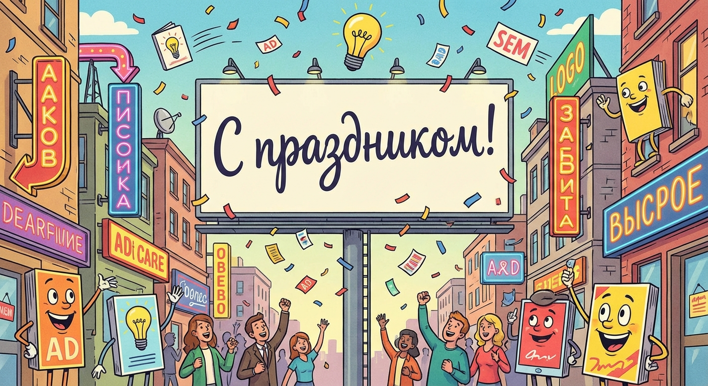 Создать открытку-картинку с поздравлением на День работников рекламы с помощью нейросети