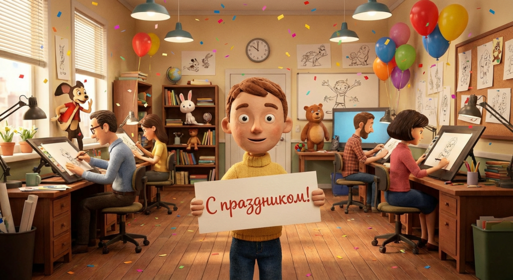 Создать открытку-картинку с поздравлением на Международный день анимации с помощью нейросети