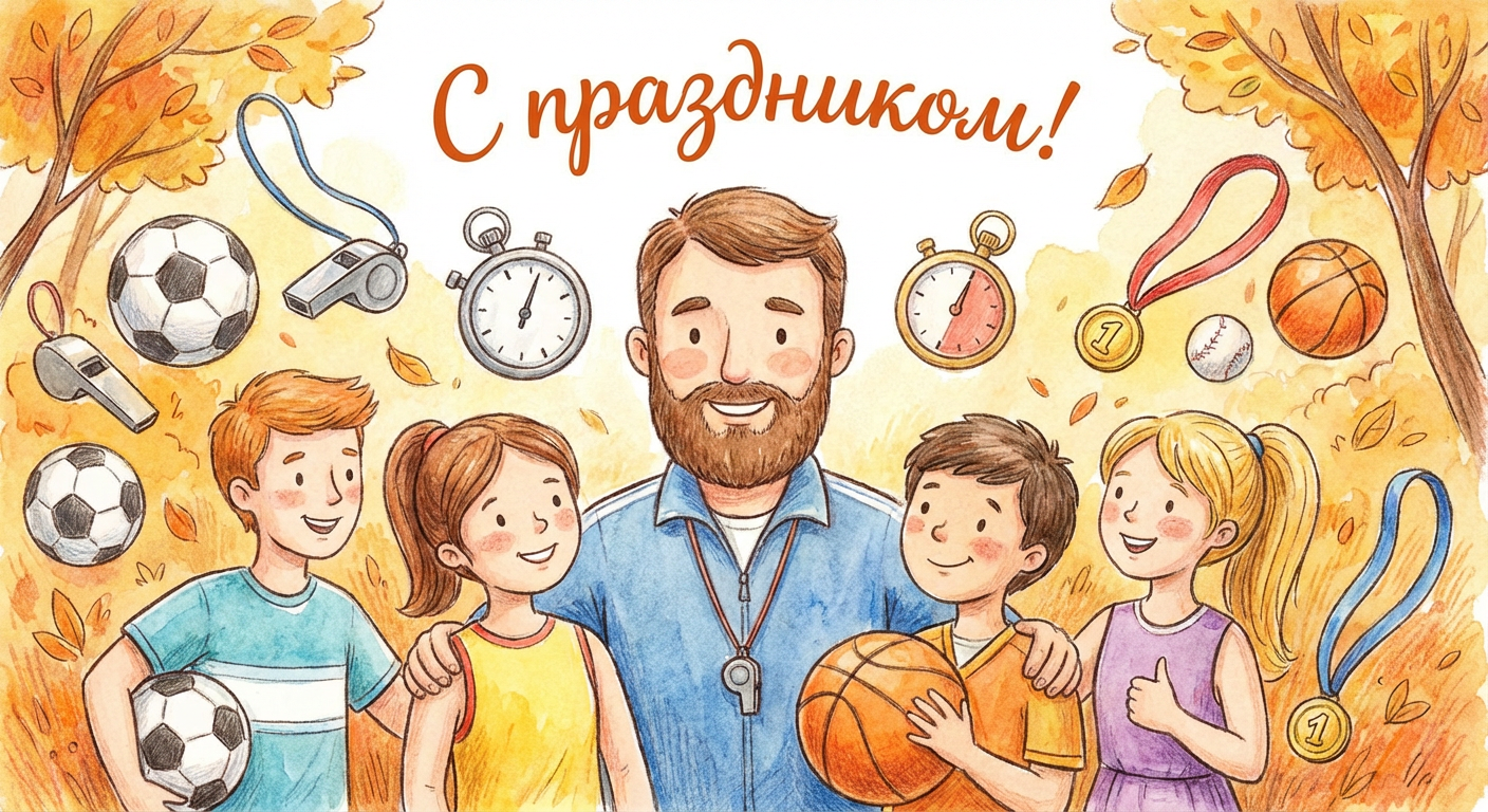 Создать открытку-картинку с поздравлением на День тренера с помощью нейросети