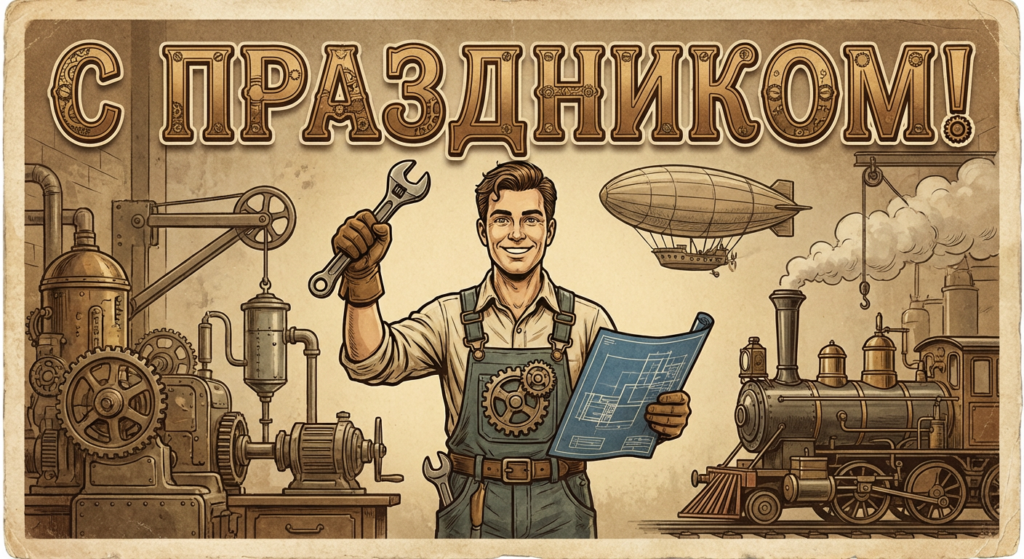 Создать открытку-картинку с поздравлением на День инженера-механика с помощью нейросети
