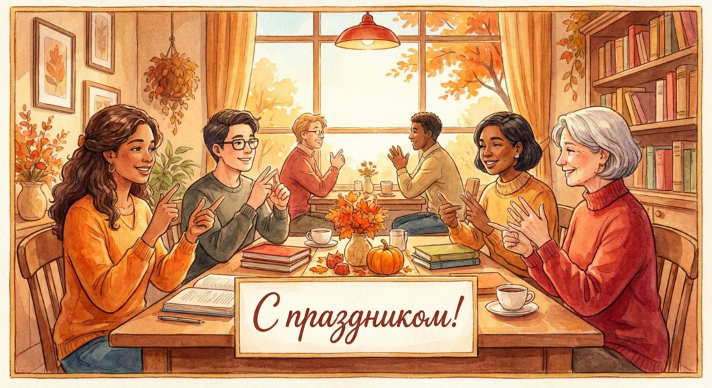 Создать открытку-картинку с поздравлением на День сурдопереводчика с помощью нейросети