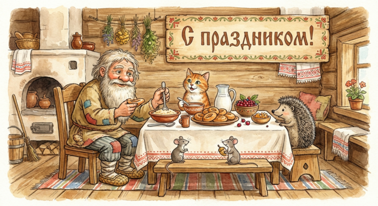 Создать открытку-картинку с поздравлением на День домового с помощью нейросети