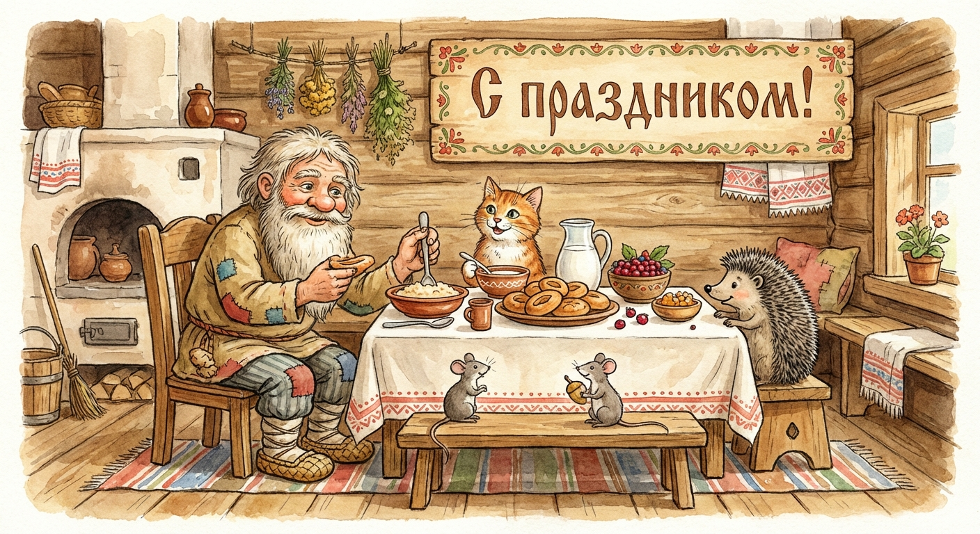 Создать открытку-картинку с поздравлением на День домового с помощью нейросети