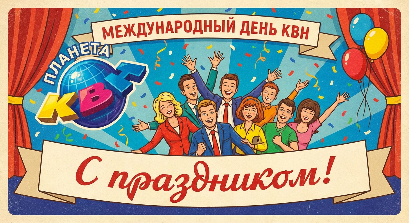 Создать открытку-картинку с поздравлением на Международный день КВН с помощью нейросети