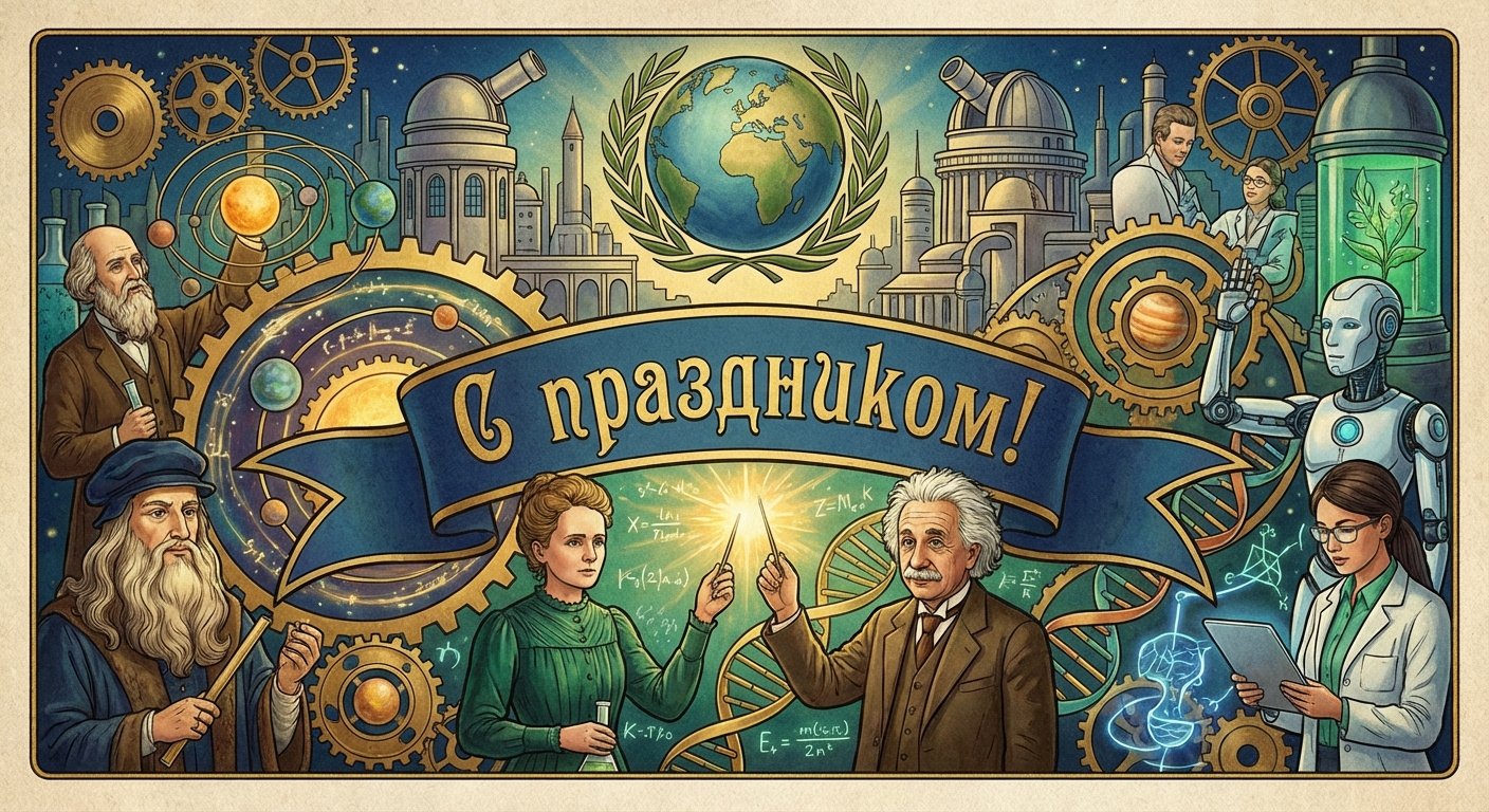 Создать открытку-картинку с поздравлением на Всемирный день науки с помощью нейросети