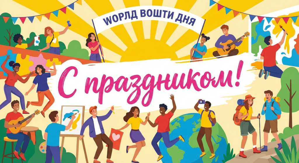 Создать открытку-картинку с поздравлением на Всемирный день молодежи с помощью нейросети