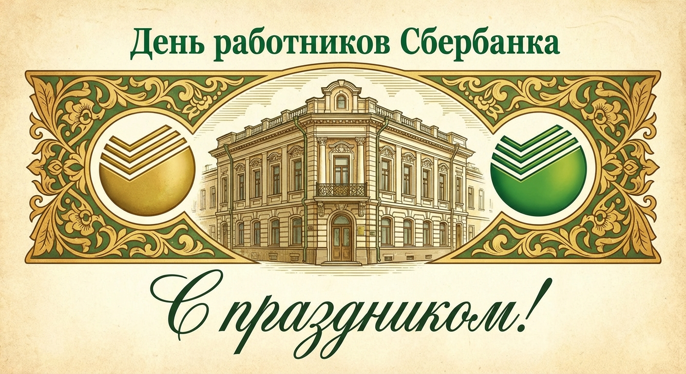 Создать открытку-картинку с поздравлением на День работников Сбербанка с помощью нейросети