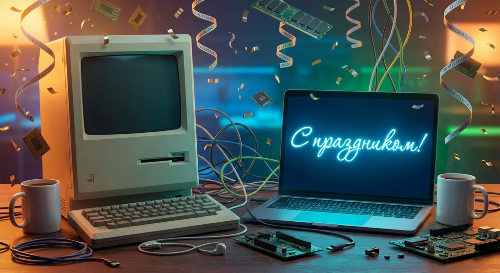 Создать открытку-картинку с поздравлением на День компьютерщика с помощью нейросети