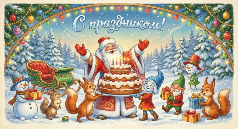 Создать открытку-картинку с поздравлением на День рождения Деда Мороза с помощью нейросети
