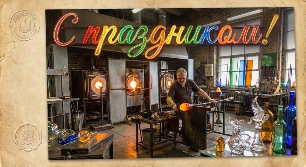 Создать открытку-картинку с поздравлением на День работника стекольной промышленности с помощью нейросети