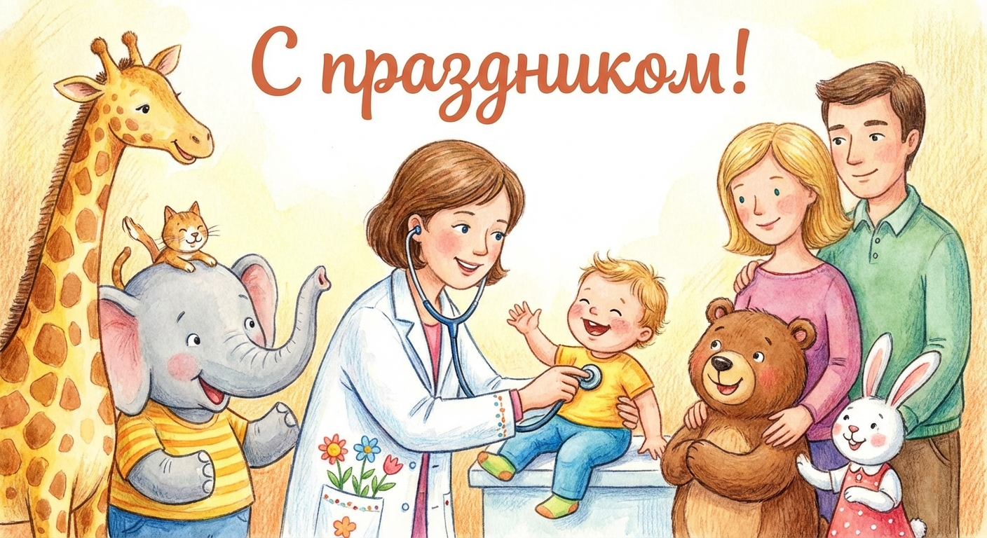 Создать открытку-картинку с поздравлением на День педиатра с помощью нейросети