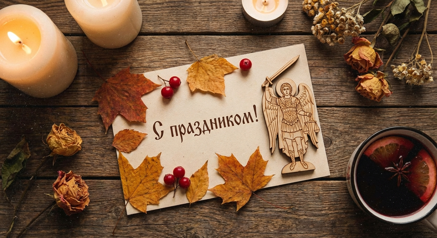 Создать открытку-картинку с поздравлением на Михайлов день с помощью нейросети