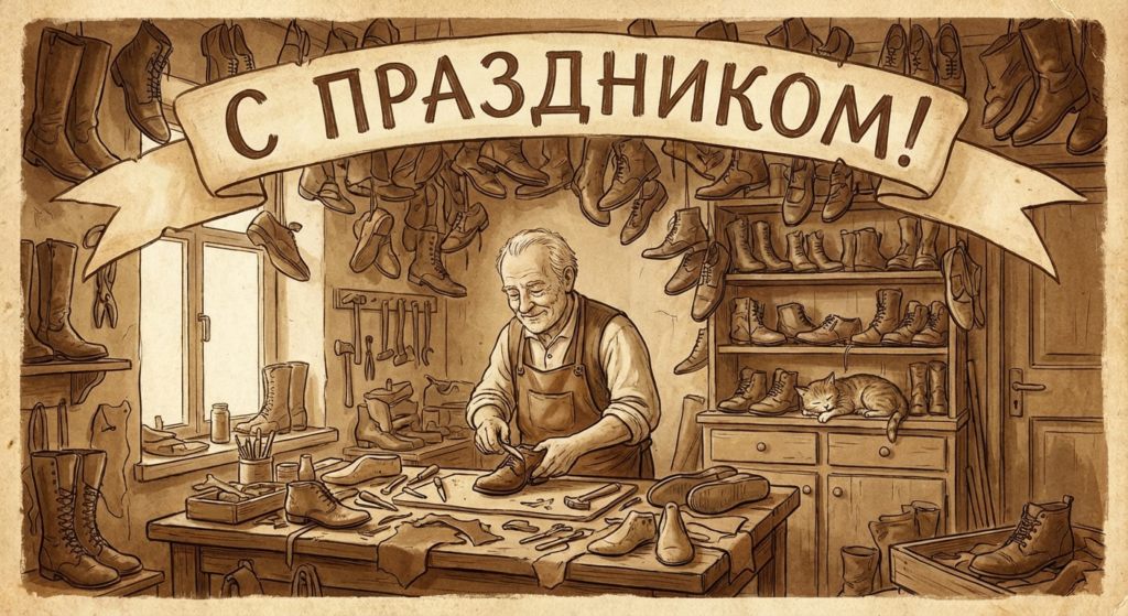 Создать открытку-картинку с поздравлением на Международный день сапожника с помощью нейросети