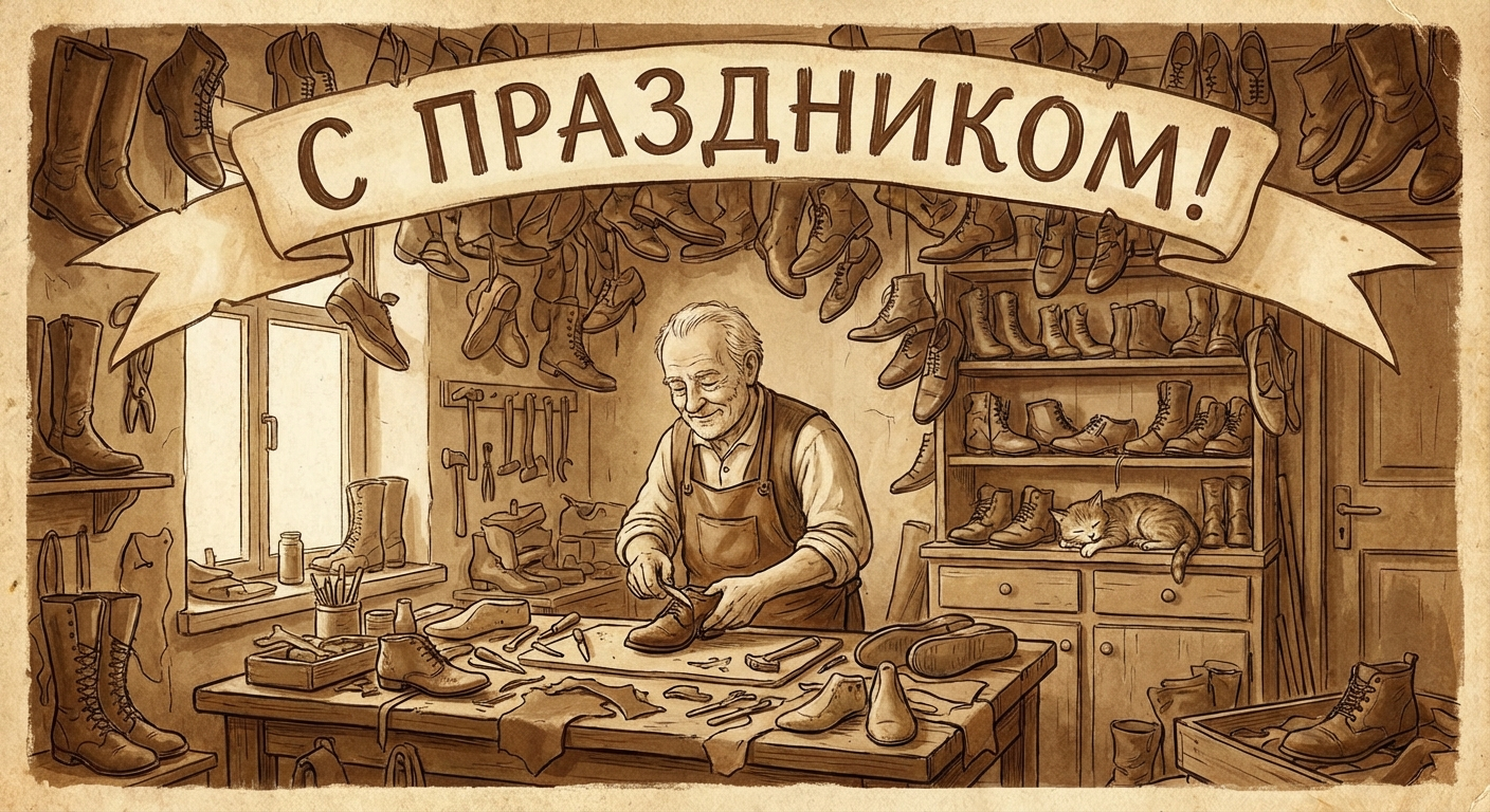 Создать открытку-картинку с поздравлением на Международный день сапожника с помощью нейросети