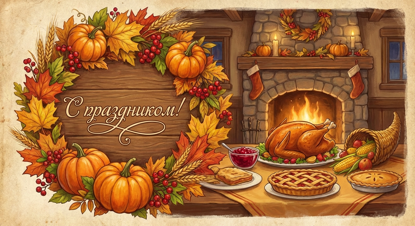 Создать открытку-картинку с поздравлением на День благодарения в США с помощью нейросети