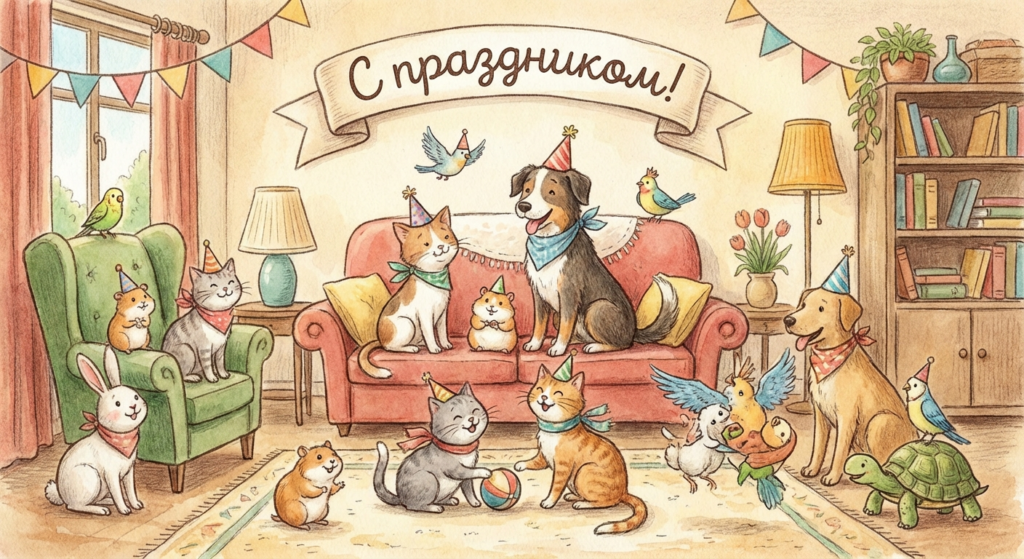 Создать открытку-картинку с поздравлением на Всемирный день домашних животных с помощью нейросети