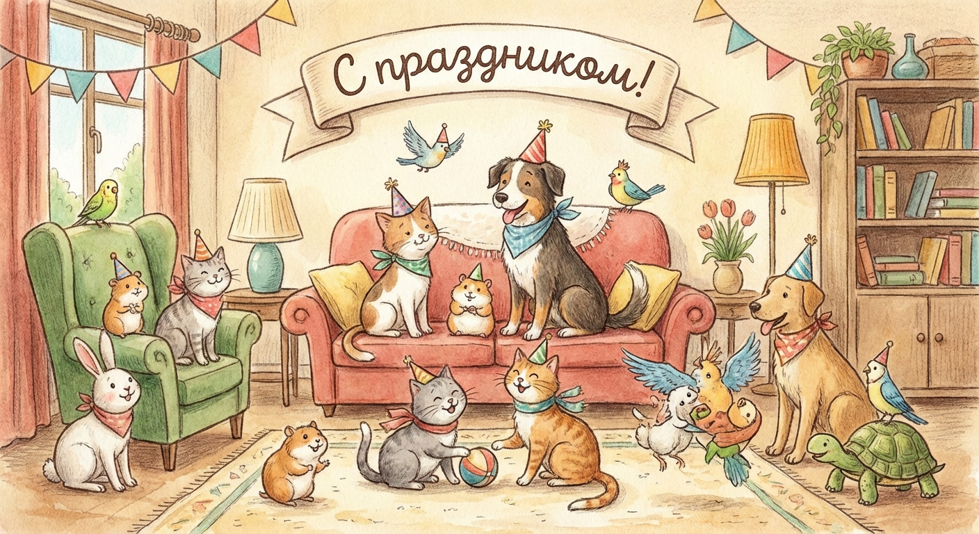 Создать открытку-картинку с поздравлением на Всемирный день домашних животных с помощью нейросети