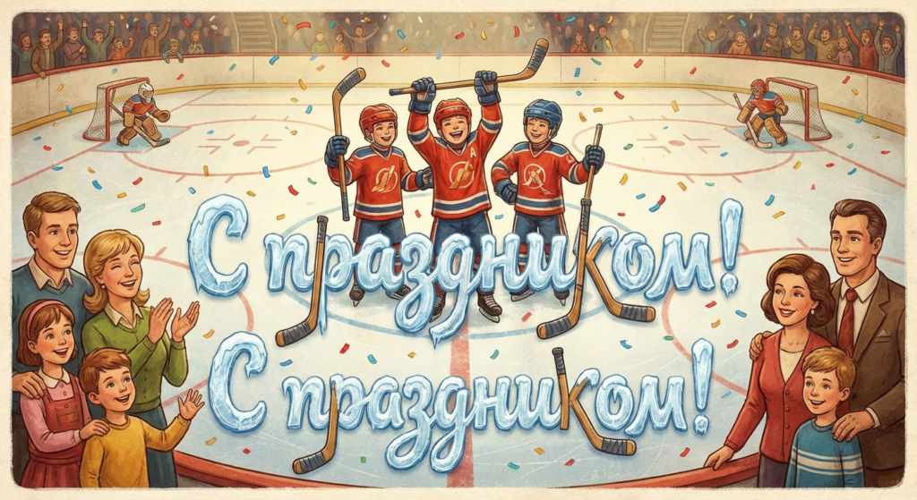 Создать открытку-картинку с поздравлением на День хоккея с помощью нейросети