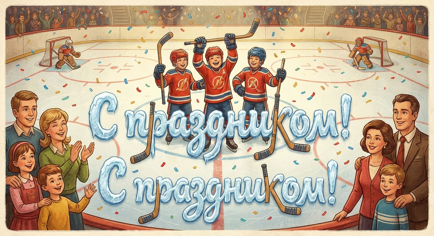 Создать открытку-картинку с поздравлением на День хоккея с помощью нейросети