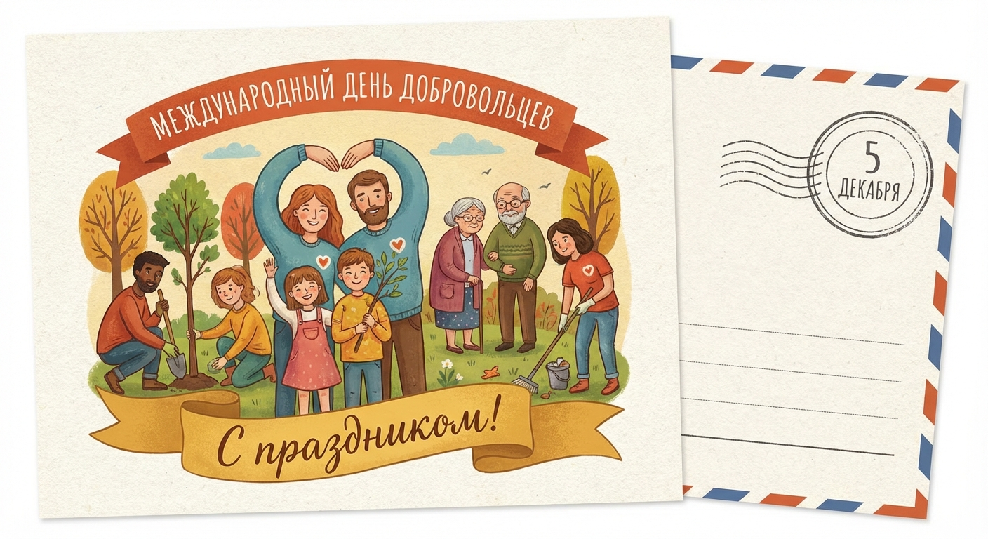 Создать открытку-картинку с поздравлением на Международный день добровольцев с помощью нейросети