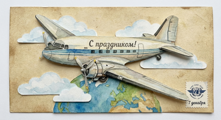 Создать открытку-картинку с поздравлением на Международный день гражданской авиации с помощью нейросети