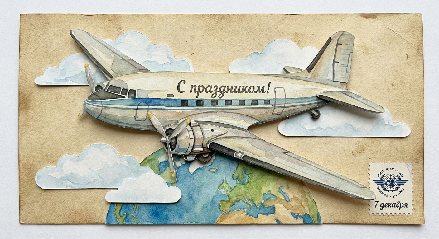 Создать открытку-картинку с поздравлением на Международный день гражданской авиации с помощью нейросети