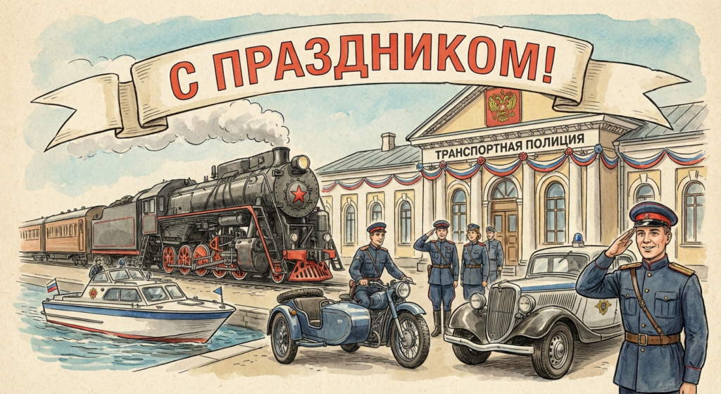 Создать открытку-картинку с поздравлением на День транспортной полиции с помощью нейросети