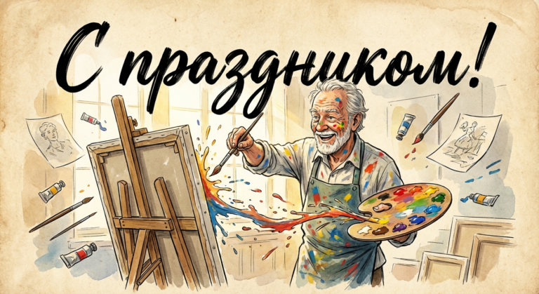 Создать открытку-картинку с поздравлением на День художника с помощью нейросети