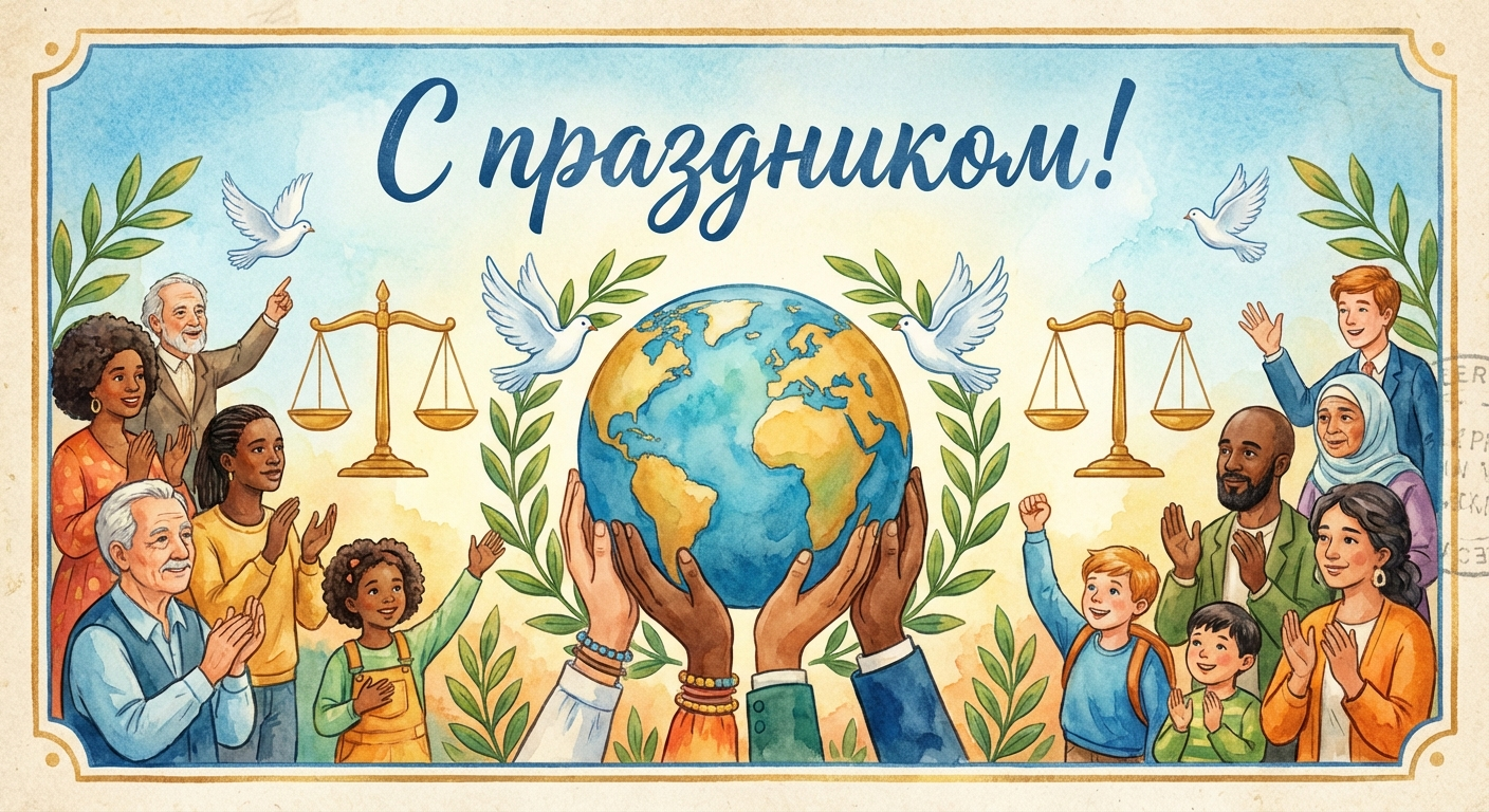 Создать открытку-картинку с поздравлением на День прав человека с помощью нейросети