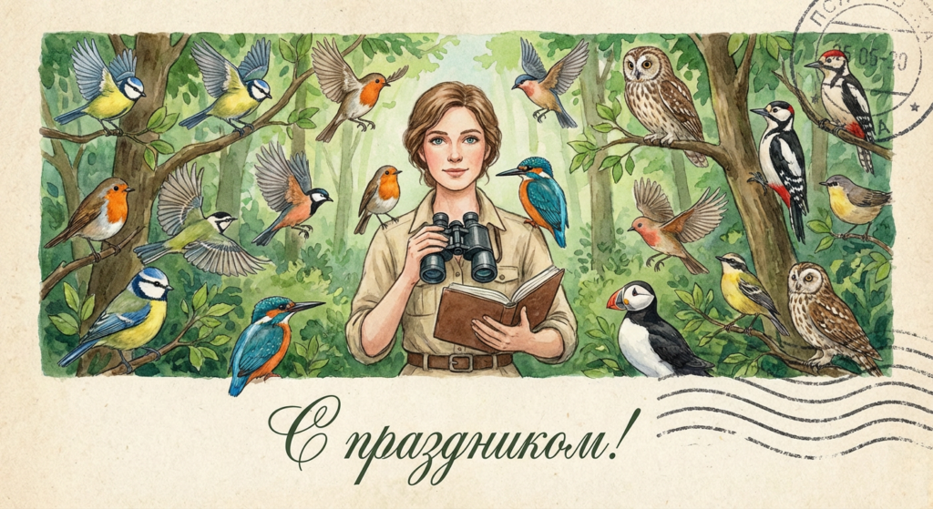 Создать открытку-картинку с поздравлением на День орнитолога с помощью нейросети