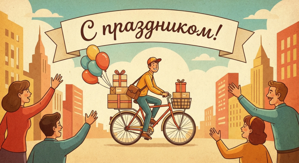 Создать открытку-картинку с поздравлением на День курьера с помощью нейросети