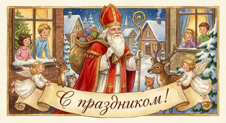 Создать открытку-картинку с поздравлением на День святого Николая с помощью нейросети