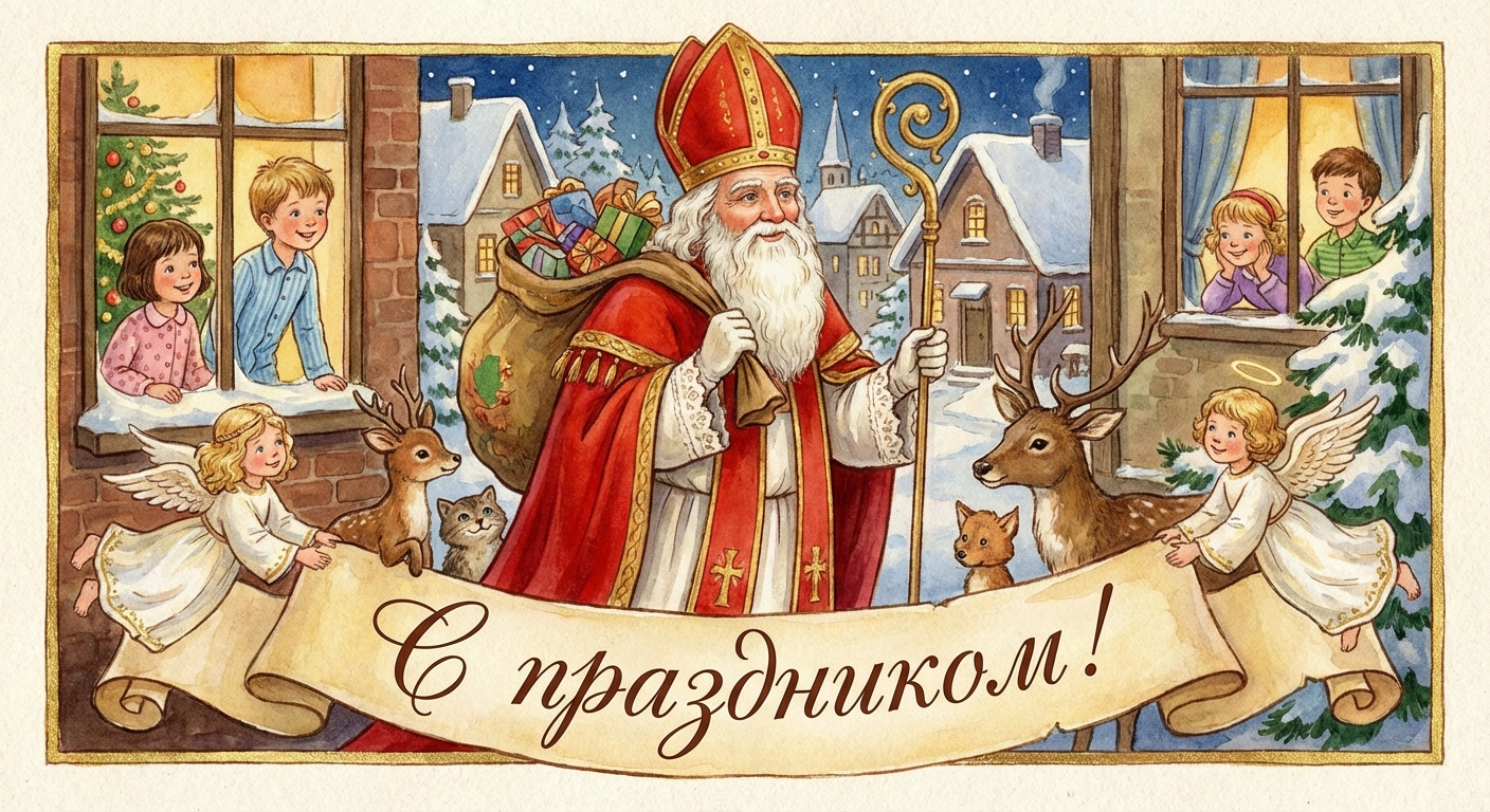 Создать открытку-картинку с поздравлением на День святого Николая с помощью нейросети