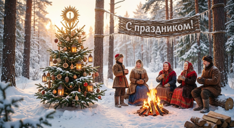 Создать открытку-картинку с поздравлением на День зимнего солнцестояния с помощью нейросети