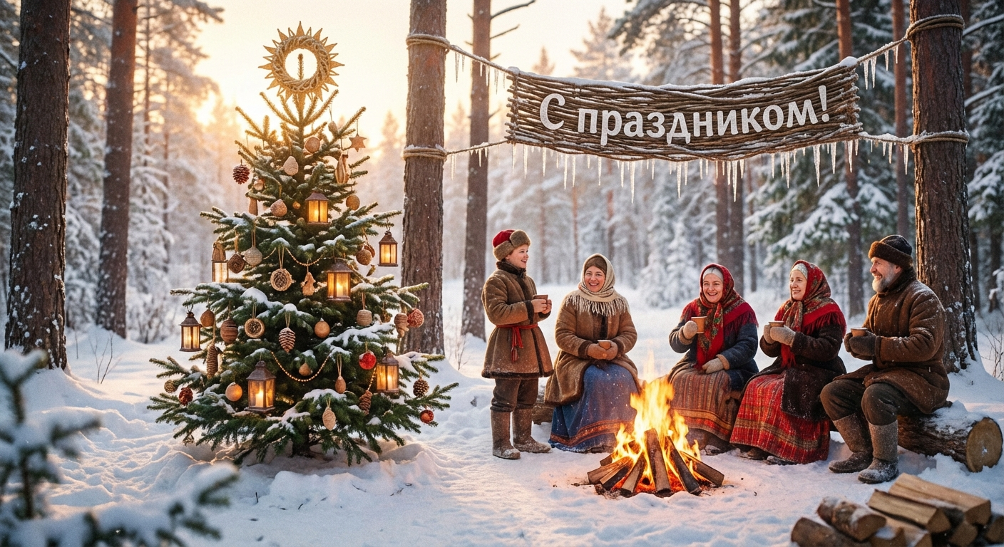 Создать открытку-картинку с поздравлением на День зимнего солнцестояния с помощью нейросети