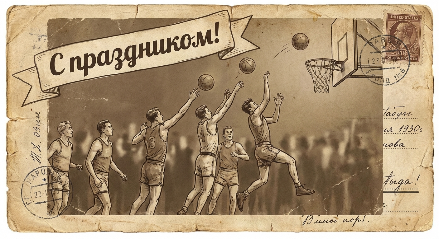 Создать открытку-картинку с поздравлением на День баскетбола с помощью нейросети