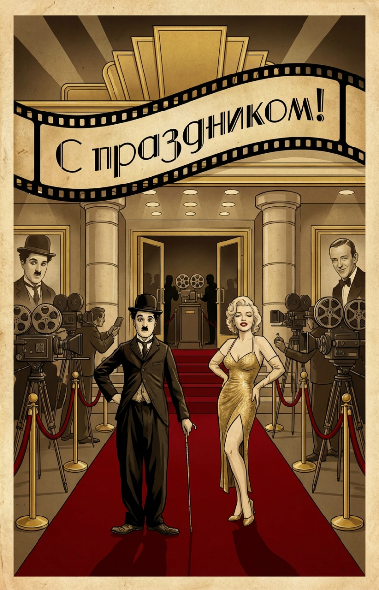 Создать открытку-картинку с поздравлением на Международный день кино с помощью нейросети