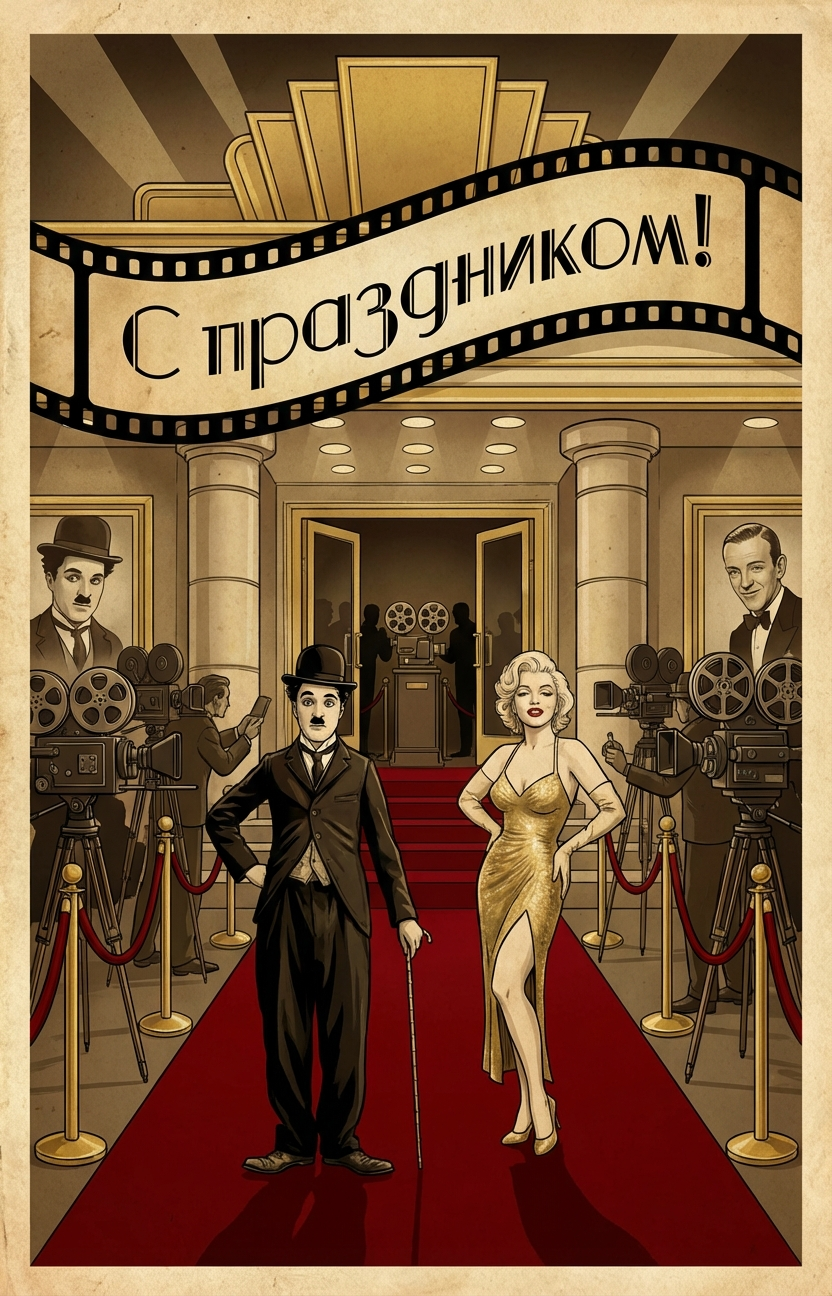 Создать открытку-картинку с поздравлением на Международный день кино с помощью нейросети