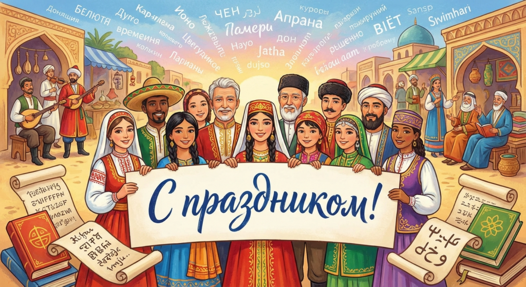 Создать открытку-картинку с поздравлением на Международный день родного языка с помощью нейросети