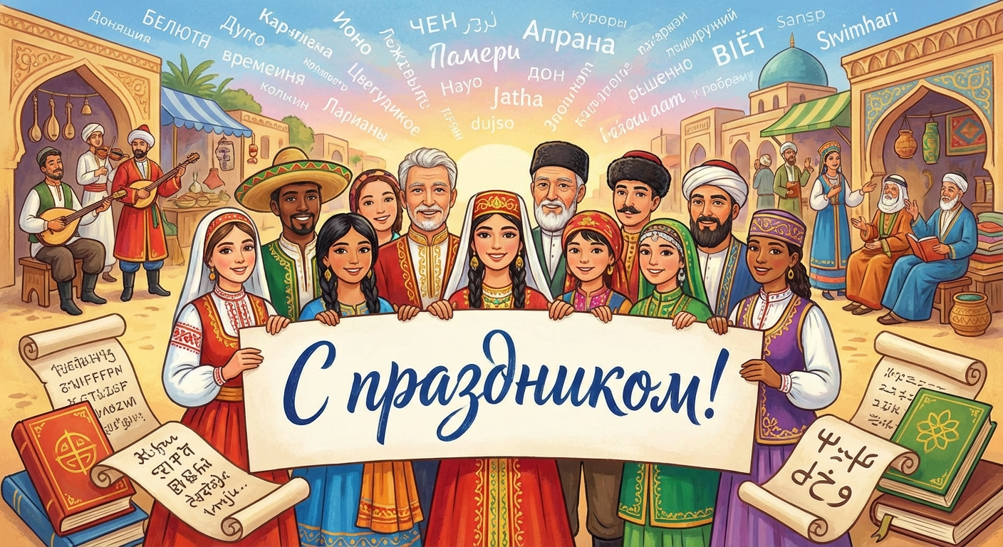 Создать открытку-картинку с поздравлением на Международный день родного языка с помощью нейросети