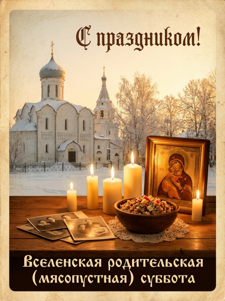 Создать открытку-картинку с поздравлением на Вселенская родительская (мясопустная) суббота с помощью нейросети