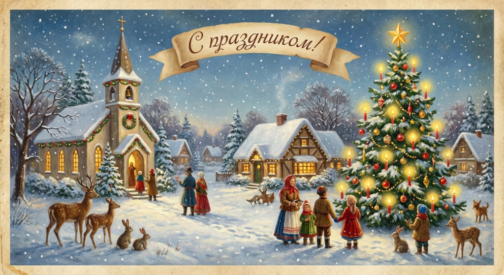 Создать открытку-картинку с поздравлением на Рождество Христово с помощью нейросети