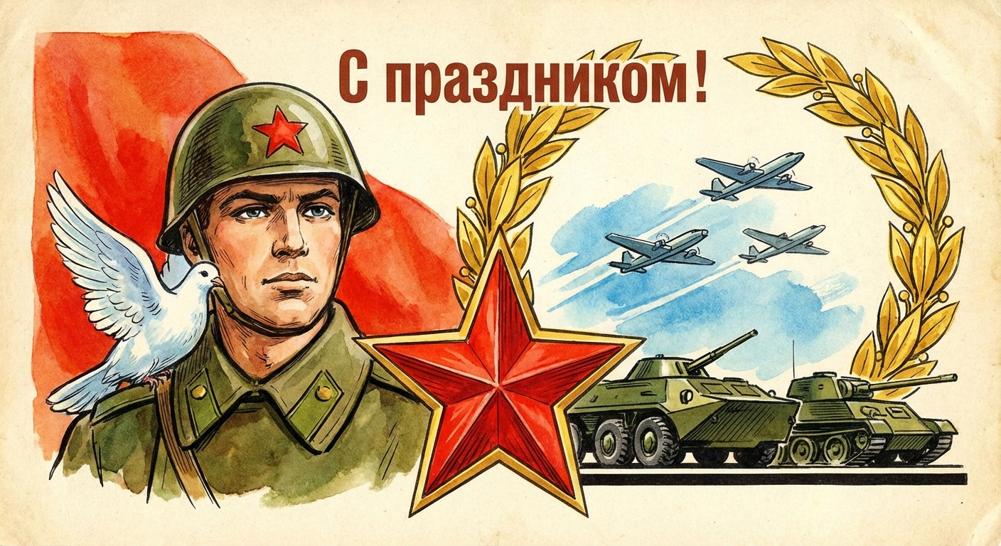 Создать открытку-картинку с поздравлением на День защитника Отечества (23 Февраля) с помощью нейросети