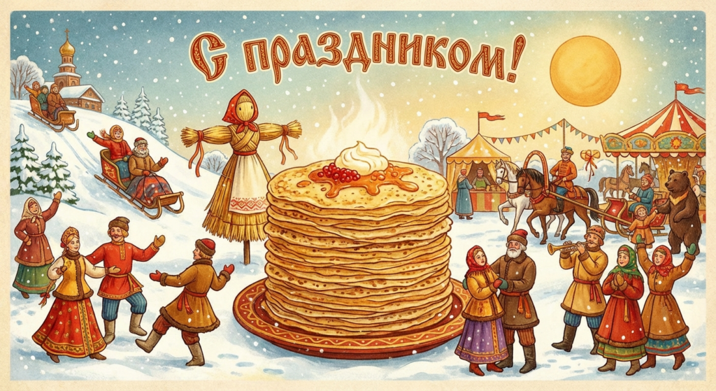 Создать открытку-картинку с поздравлением на Масленица с помощью нейросети