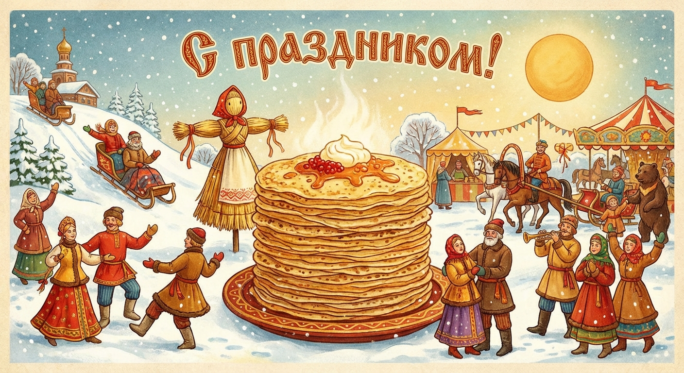 Создать открытку-картинку с поздравлением на Масленица с помощью нейросети