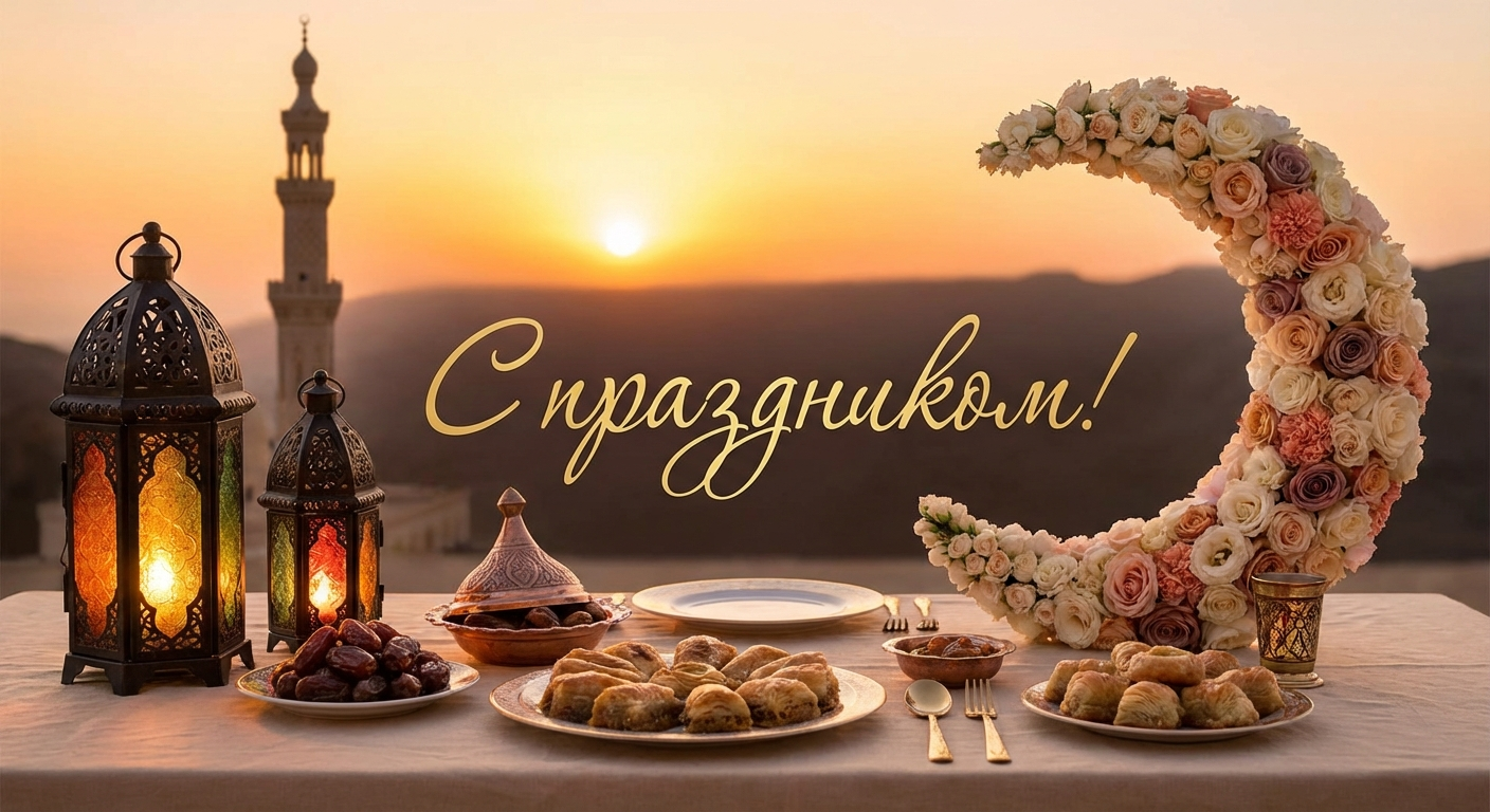Создать открытку-картинку с поздравлением на Рамадан с помощью нейросети