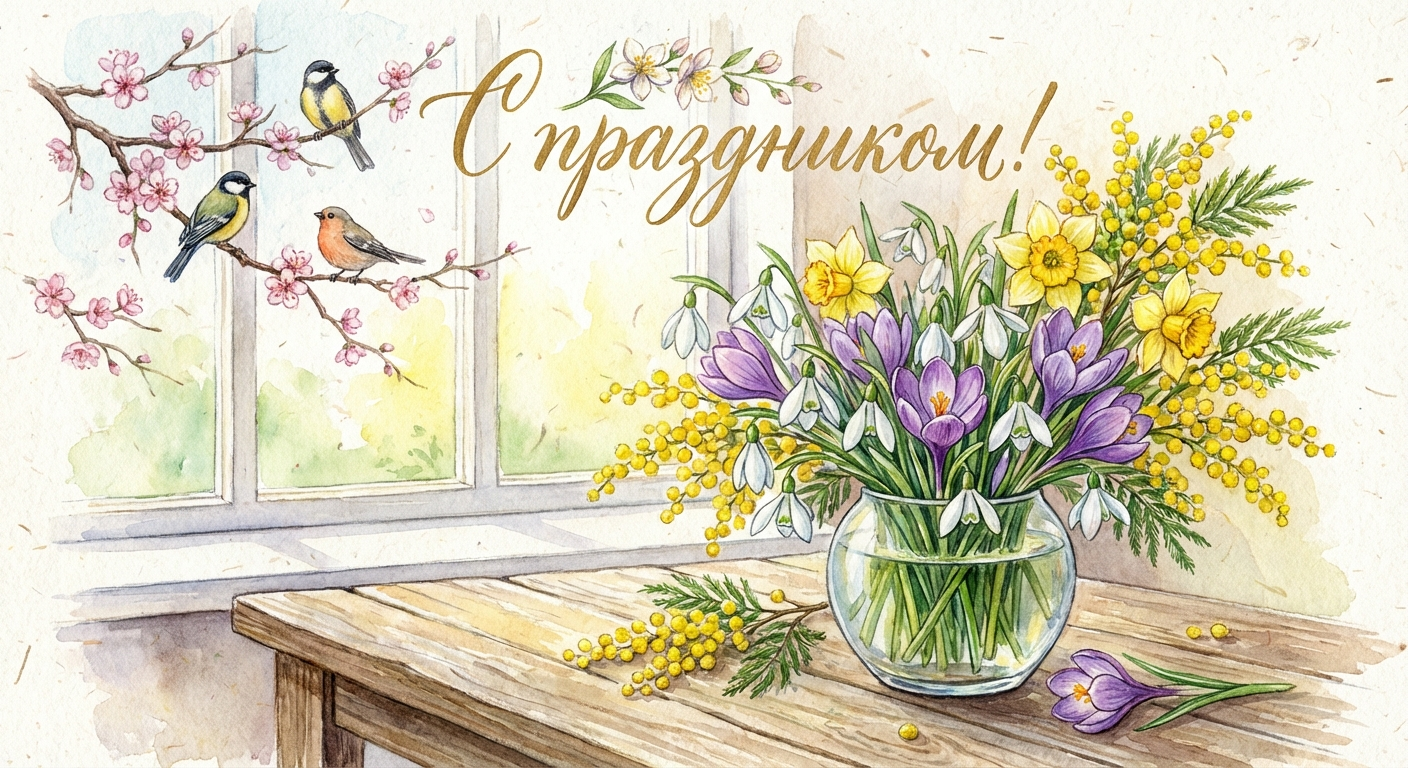 Создать открытку-картинку с поздравлением на Первый день весны с помощью нейросети