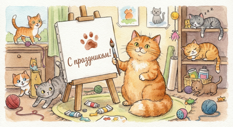 Создать открытку-картинку с поздравлением на День кошек с помощью нейросети
