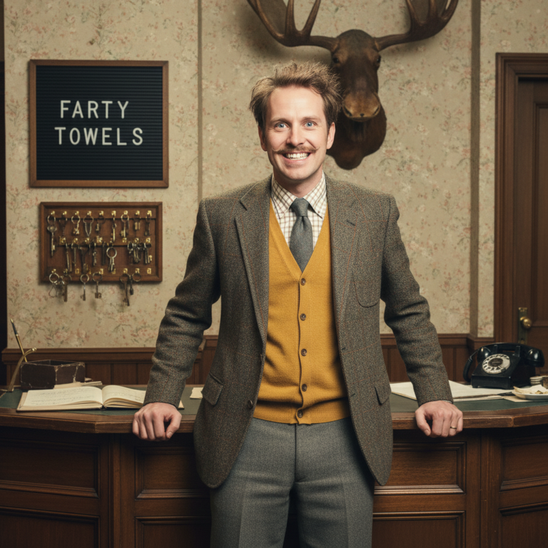 Сгенерировать фото или селфи в стиле сериала "Отель «Фолти Тауэрс»"